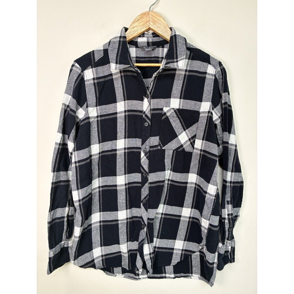 Eddie Bauer Plaid Flannel Women’s L Black Gray Button Down Outdoor Casual